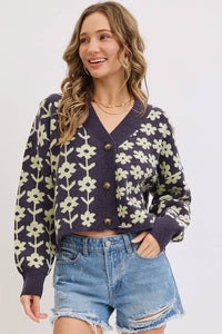 The Soleil Bold Floral Cardigan: Navy – Cropped V-Neck Boxy Sweater