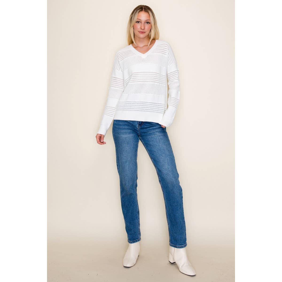 Staccato Snowdrift Pointelle Knit Sweater – V-Neck Textured Pullover | Northern Belle Boutique