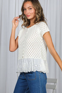 The Elodie Crochet Eyelet Ruffle Sweater: Cream
