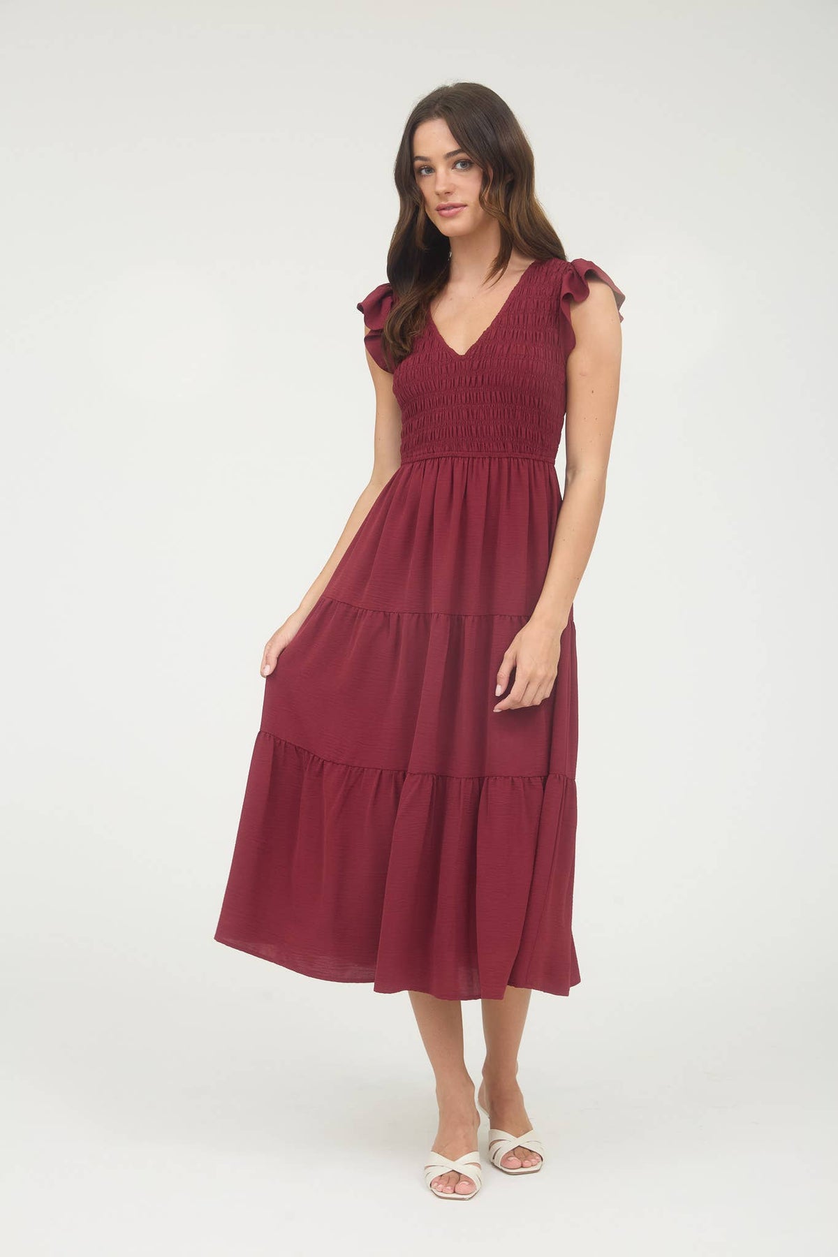 The Sutton Smocked Flutter Sleeve Midi Dress – Wine Tiered Lined Dress