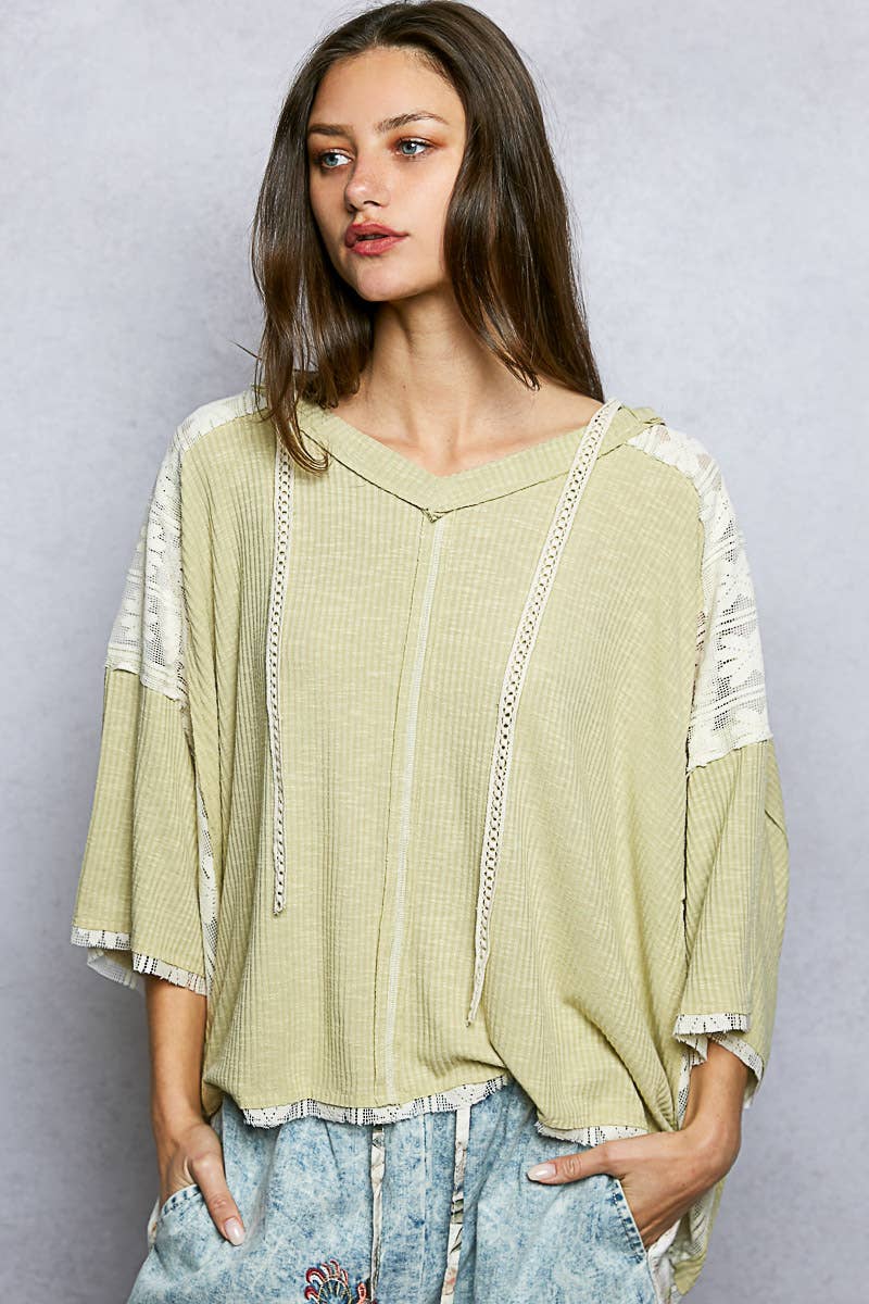 The Hadley Lace Trim Hoodie Top: Pale Sage