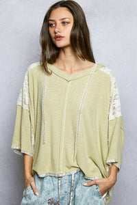 The Hadley Lace Trim Hoodie Top: Pale Sage