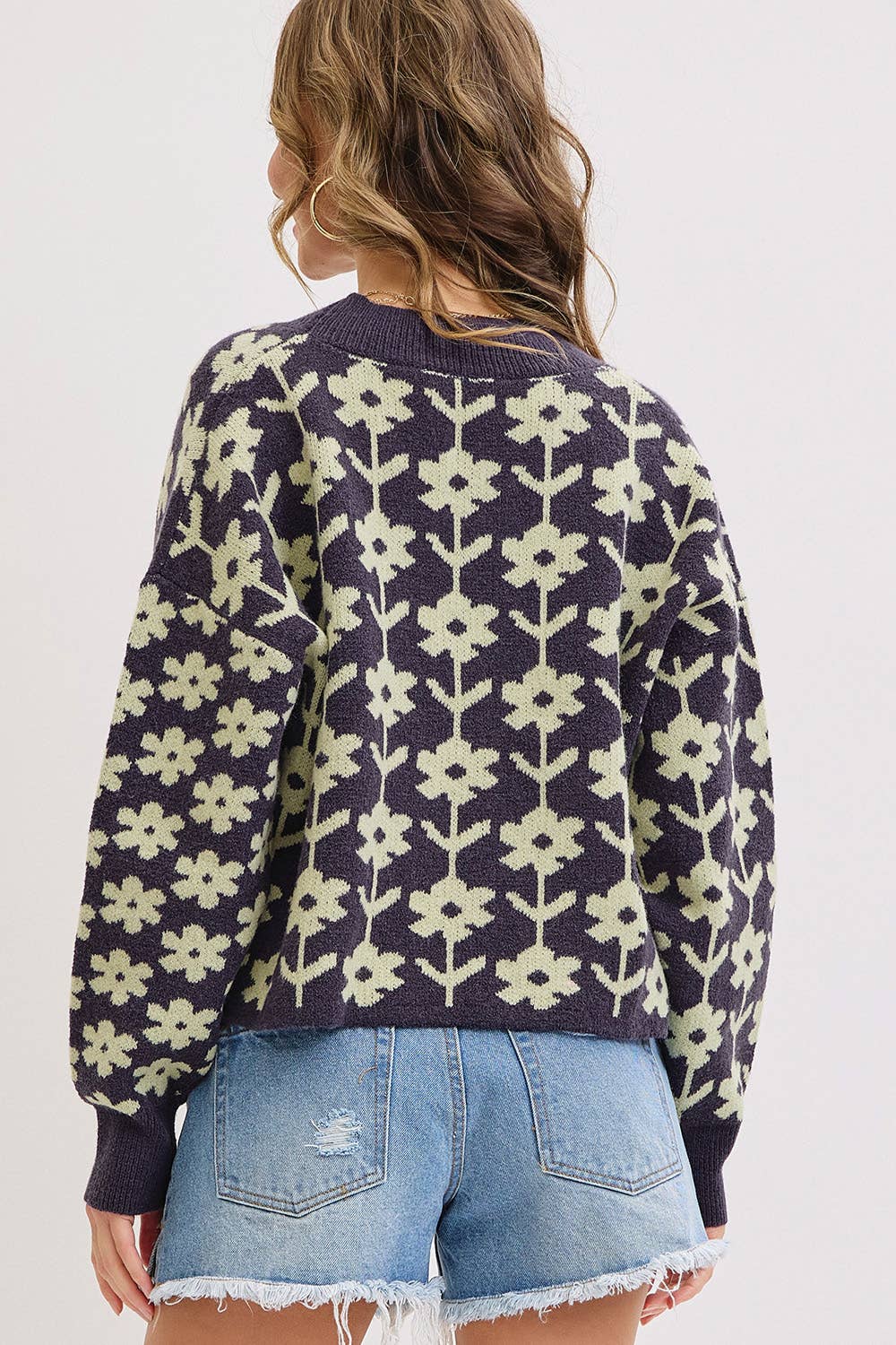 The Soleil Bold Floral Cardigan: Navy – Cropped V-Neck Boxy Sweater
