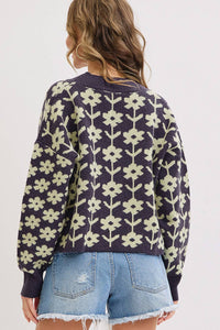 The Soleil Bold Floral Cardigan: Navy – Cropped V-Neck Boxy Sweater