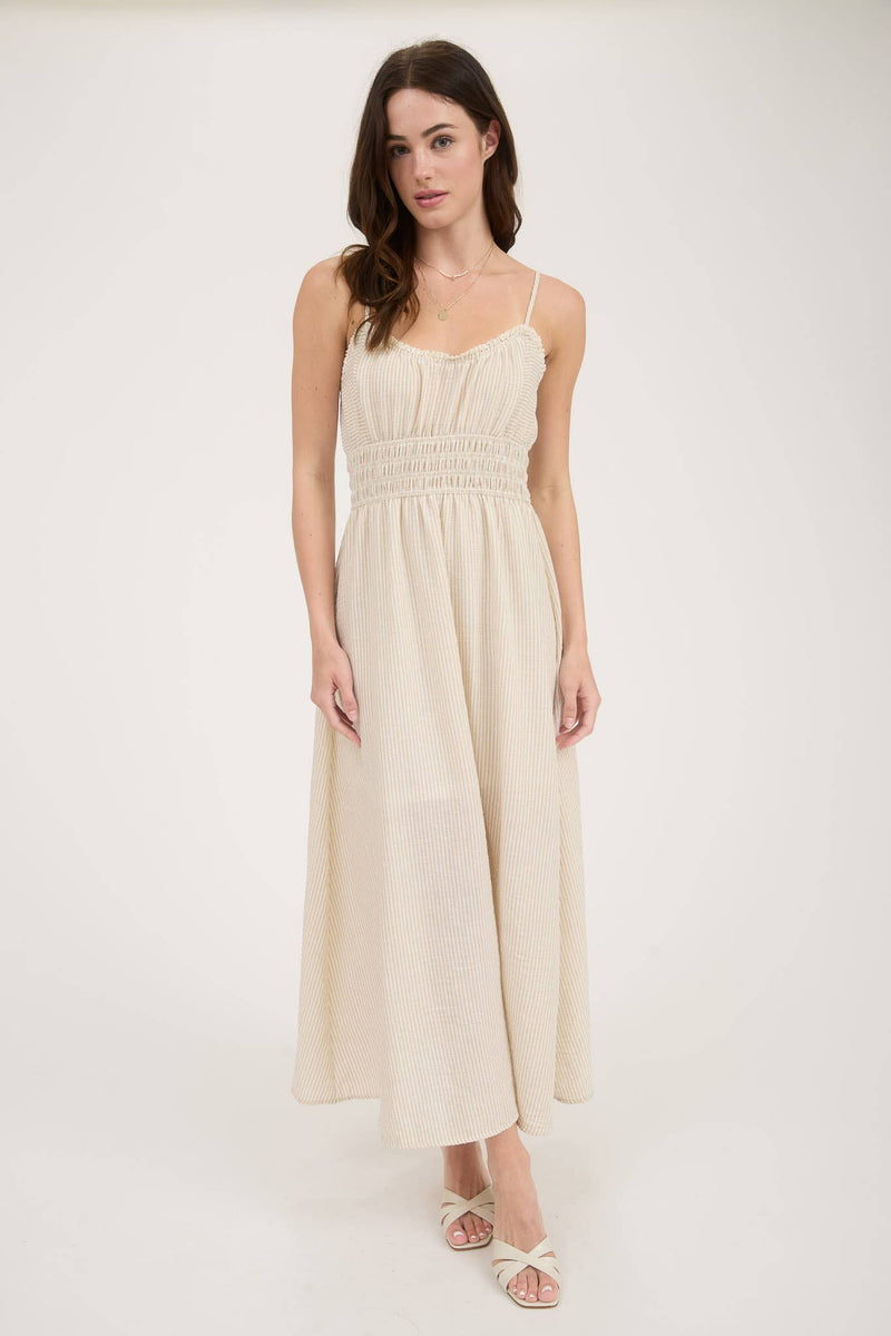 Willa Stripe Lace-Trim Midi Dress – Natural Ivory