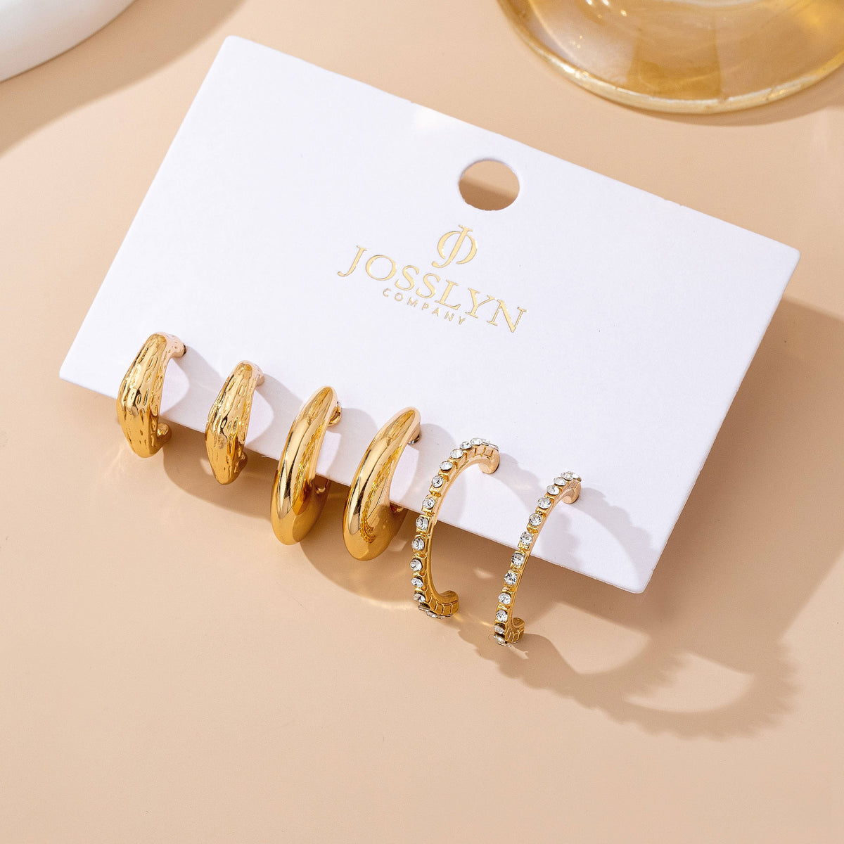 Gold Huggie & Dome Hoop Earring Trio – Rhinestone Half Band Layered Set