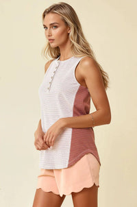 Millie Striped Sleeveless Henley Tank Top – Casual Summer Knit Shirt