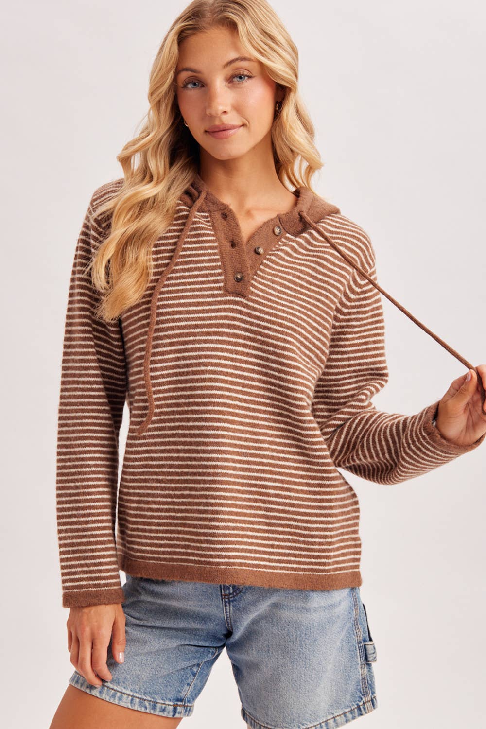 Off the Clock Striped Sweater Hoodie: Cocoa/Cream