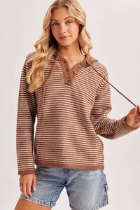 Off the Clock Striped Sweater Hoodie: Cocoa/Cream