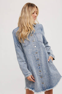 Billie Denim Distressed Long Sleeve Shirt Dress: Medium Wash