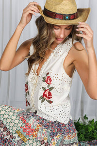 Eyelet Boho Floral Embroidery Patchwork Cotton Vest VT82314: Cream / L