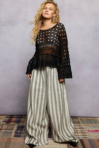 Long Sleeve Round Neck Women Crochet Top: NATURAL / OS