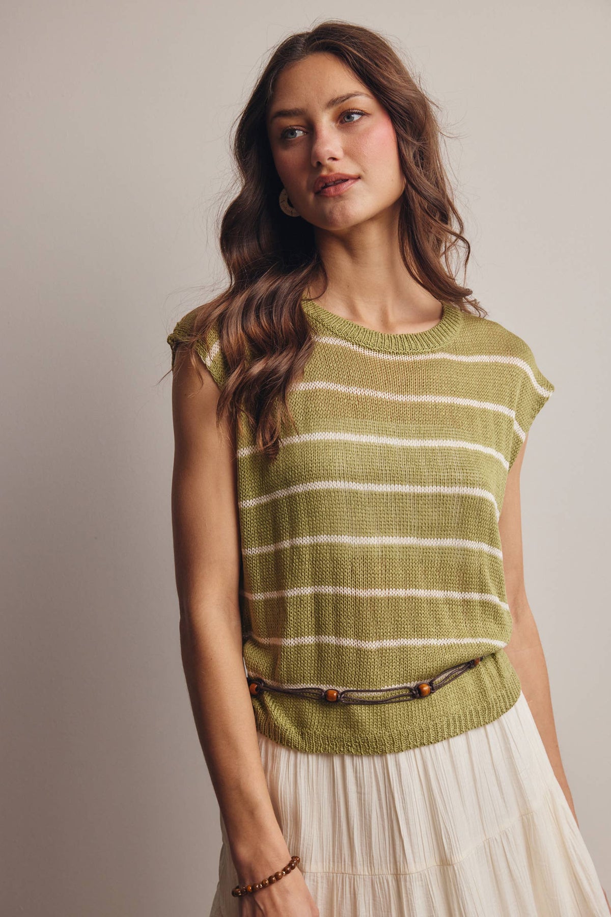 The Harlow Striped Knit Top:Green – Sleeveless Lightweight Sweater Tank