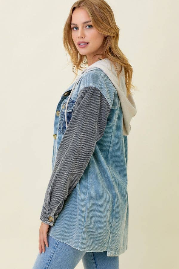 Sadie Color Block Corduroy Hoodie Shacket – Washed Button Down Hi-Low Hem
