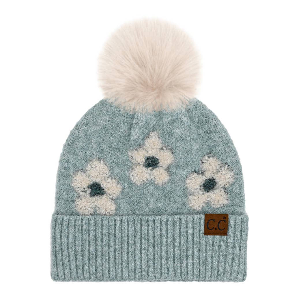 CC Daisy Patch Pom Beanie – Cream Floral Knit Cuff Hat with Faux Fur Pom