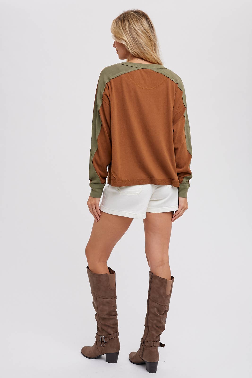 Sutton Contrast Sleeve Oversized Long Sleeve Top – Chestnut & Olive