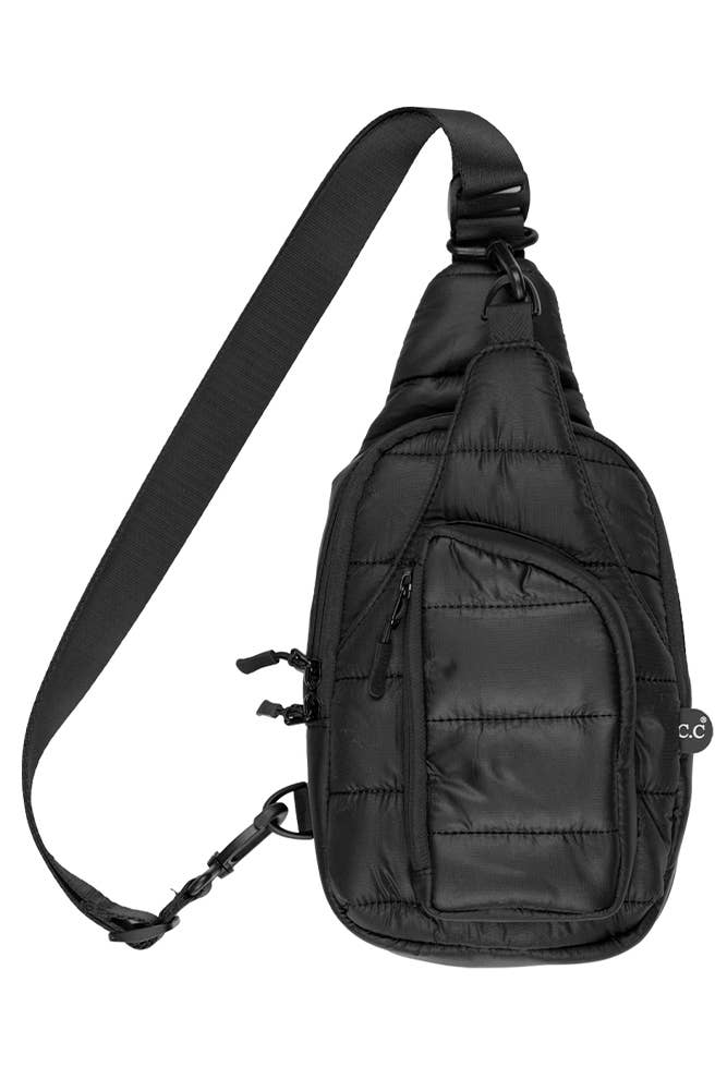 C.C Solid Puffer Padding Sling Bag: Black