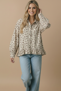 The Wren Floral Peplum Button-Up Blouse: Oatmeal