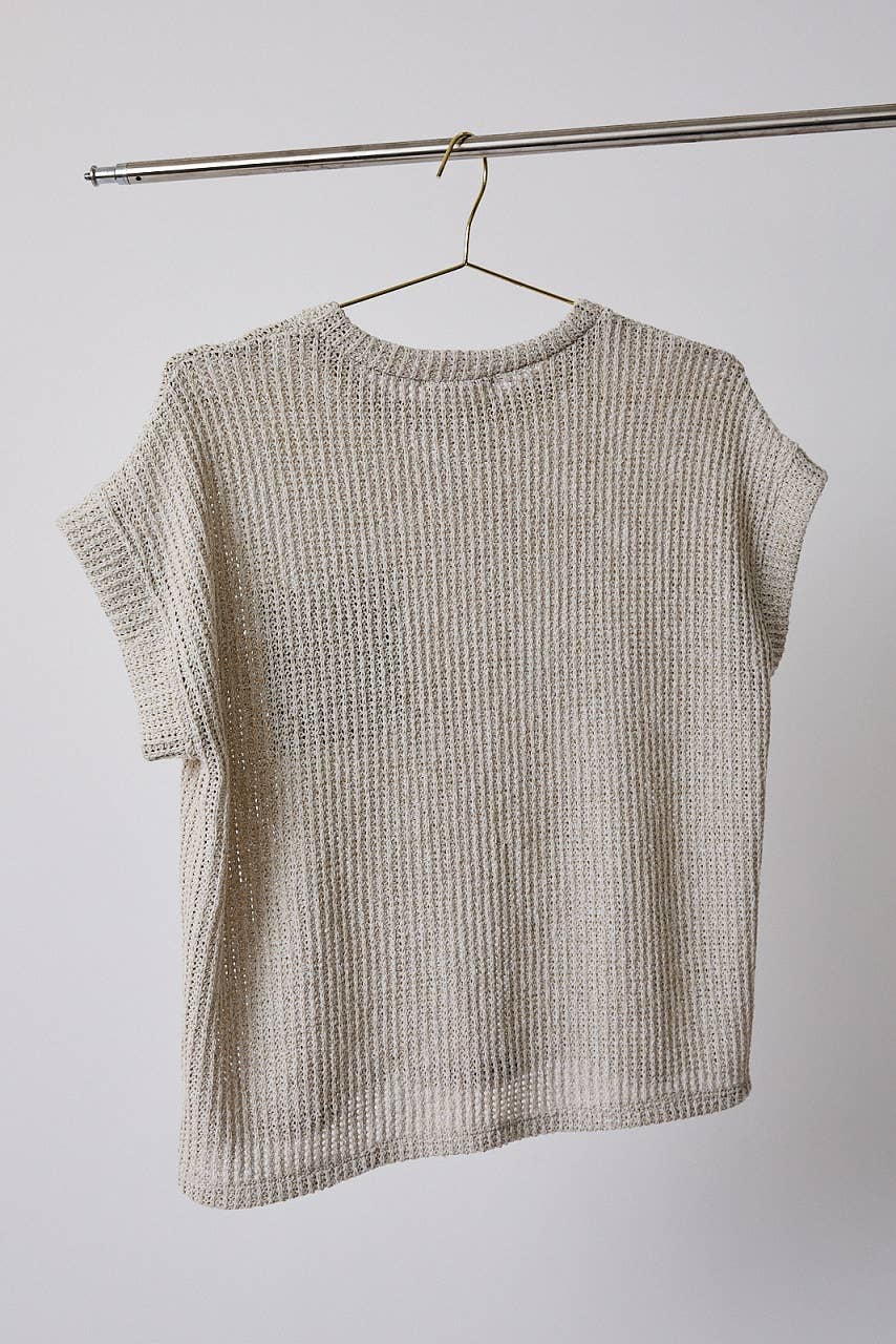 The Collins Textured Knit Pocket Top: Natural  – Cuffed Sleeve Crew Neck Everyday Sweater Tee for Women