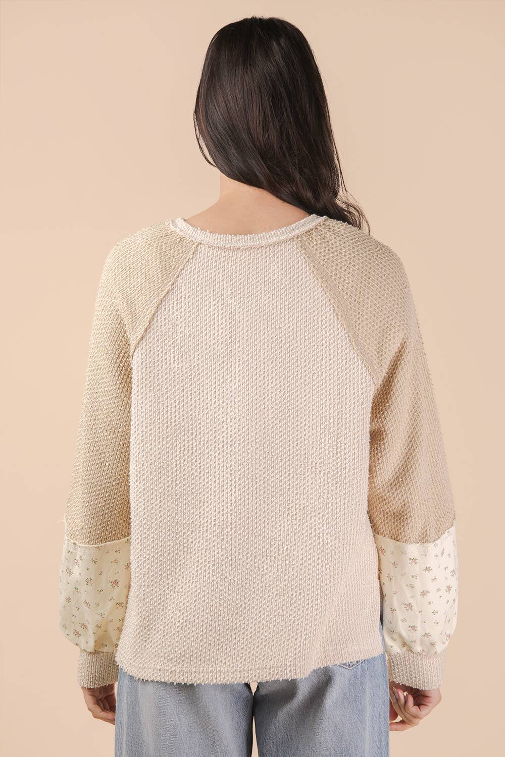 Linden Floral Contrast Knit Top: Cream/Oatmeal