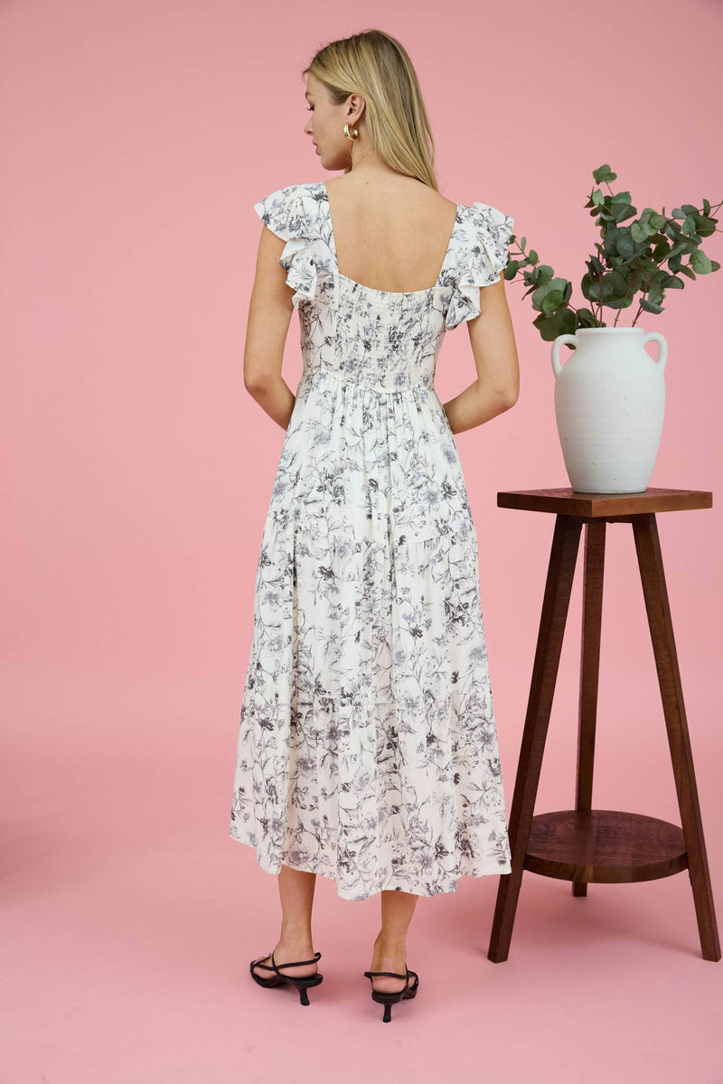 Magnolia Sweetheart Neck Ruffle Sleeve Floral Midi Dress – Romantic Summer A-Line Dress