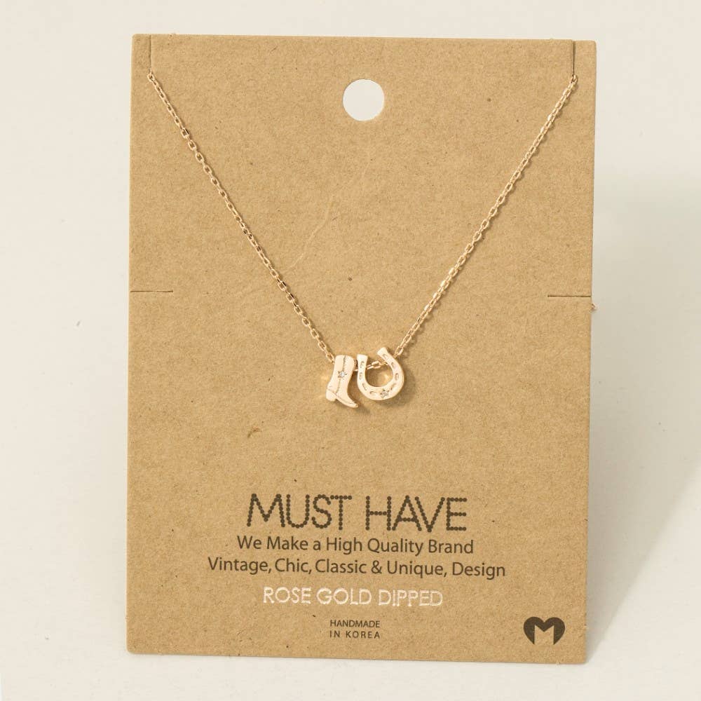 Lucky Cowgirl Charm Necklace – Western Boot & Horseshoe Pendant in Gold or Silver