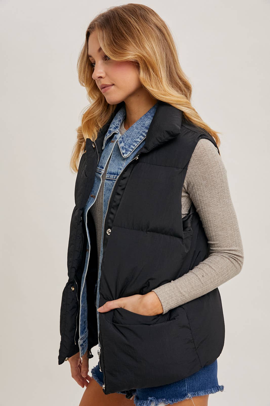 Tori Denim Layered Puffer Vest: Black