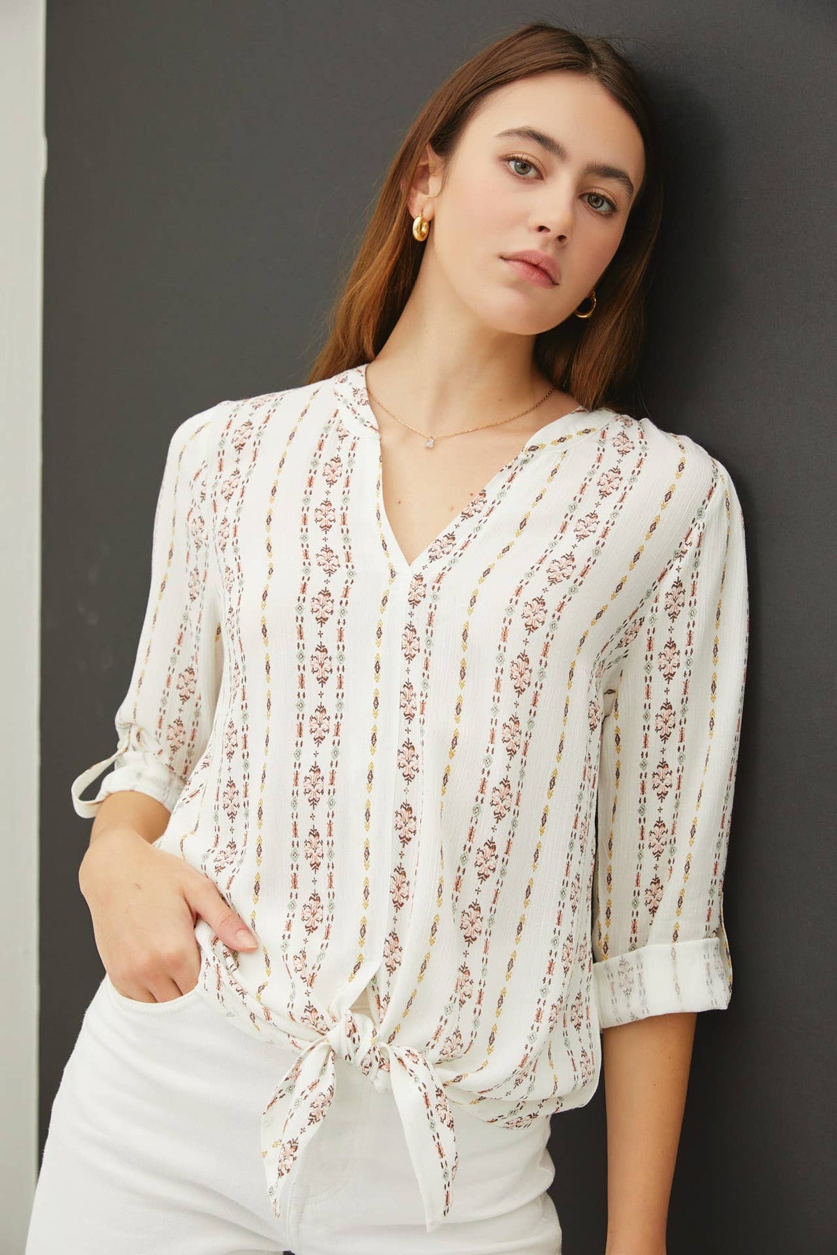 Ava Boho Print Mandarin Collar Blouse: Buttercup