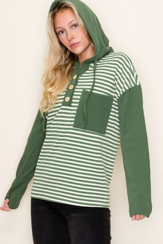 Brinley Striped Half-Button Hoodie – Color-Blocked Long Sleeve Top with Chest Pocket