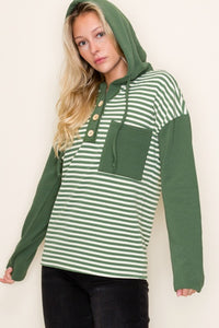 Brinley Striped Half-Button Hoodie – Color-Blocked Long Sleeve Top with Chest Pocket