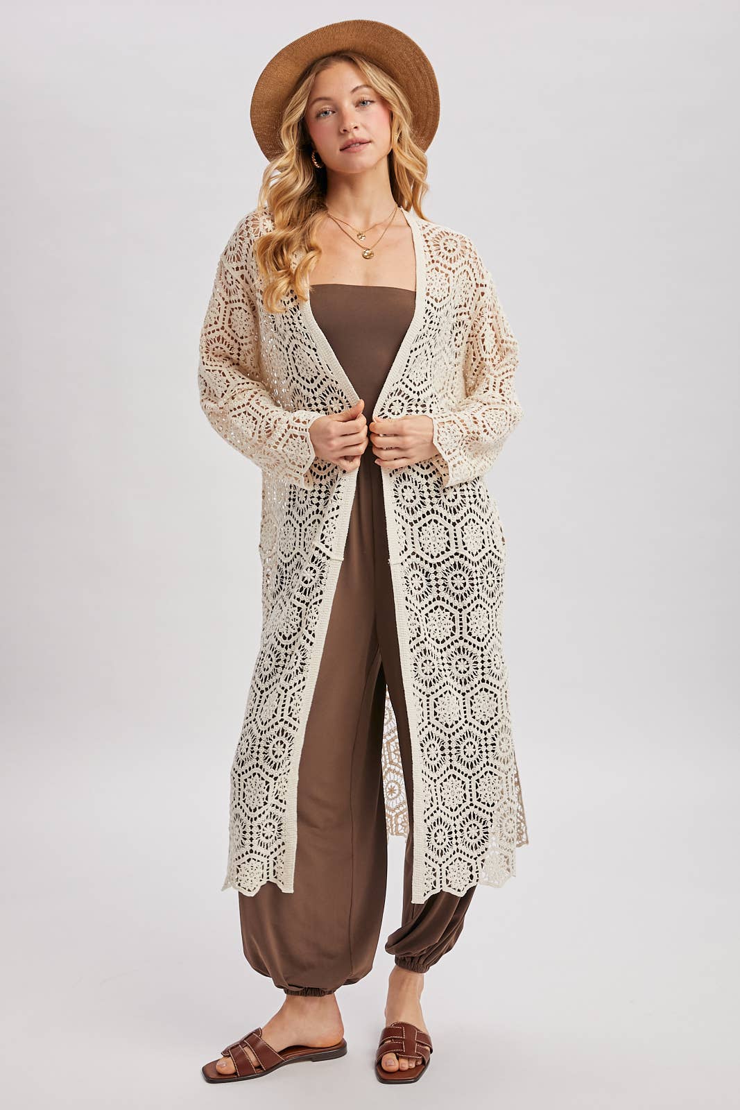 BOHO LONG LINE SIDE SLIT CROCHET CARDIGAN: NATURAL
