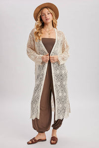 BOHO LONG LINE SIDE SLIT CROCHET CARDIGAN: NATURAL