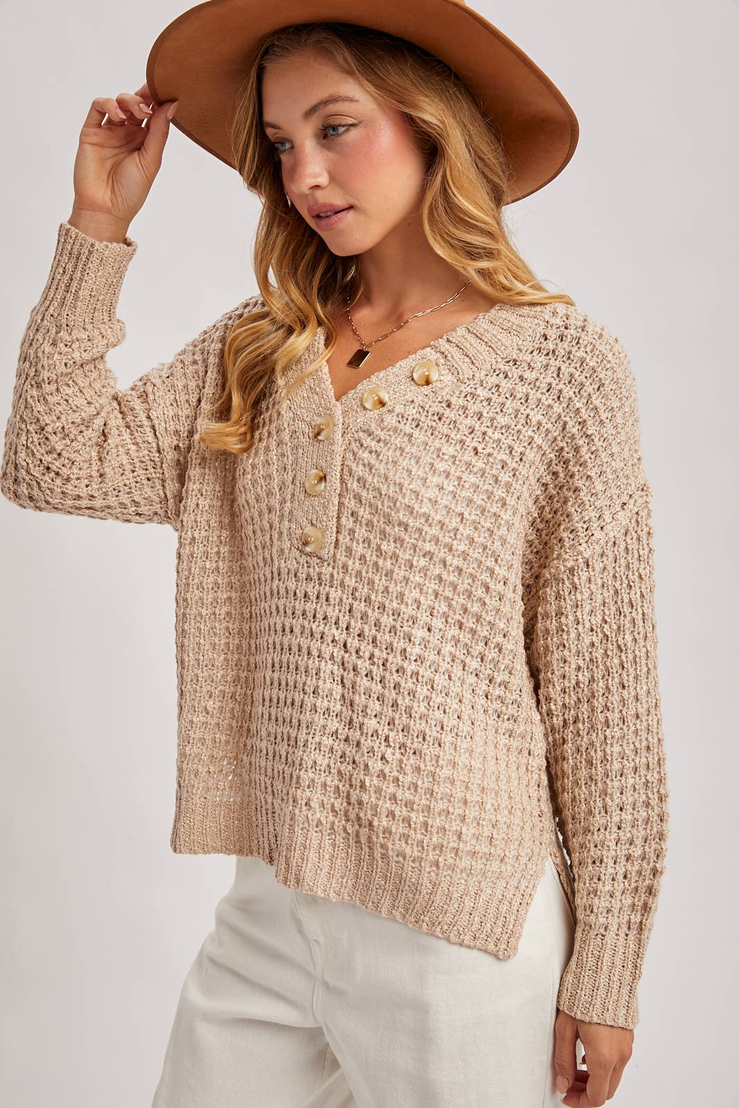 owan Button-Front Thermal Sweater Top – Cozy Knit Henley, Neutral Fall Sweater | Northern Belle Boutique