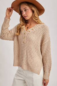 owan Button-Front Thermal Sweater Top – Cozy Knit Henley, Neutral Fall Sweater | Northern Belle Boutique