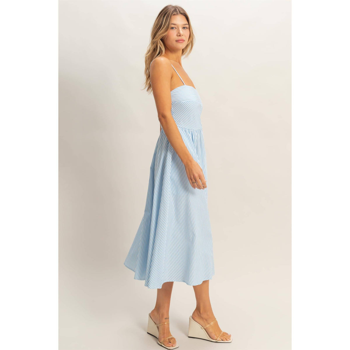 Striped Spaghetti Strap Dress: NAVY / S-M-L(2-2-2)