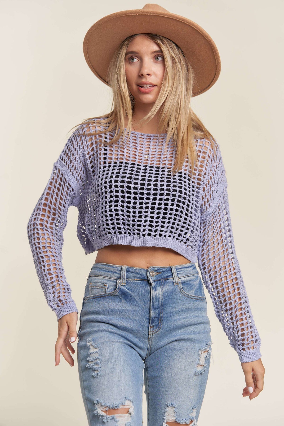 Iris Slouchy Crochet Crop Spring Sweater: Lavender