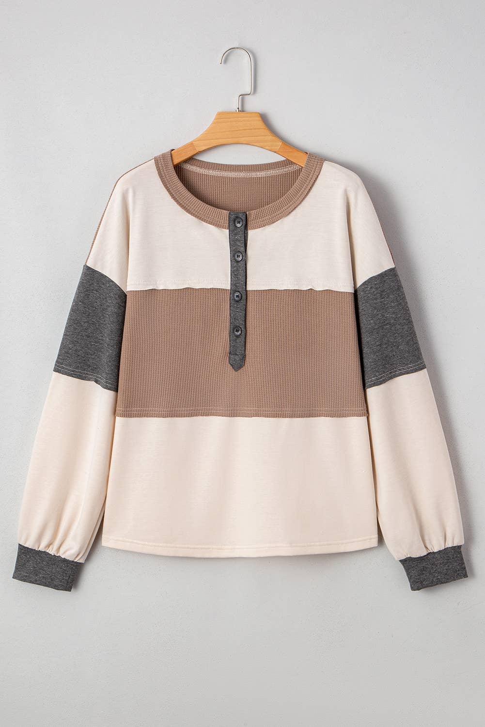Layla Colorblock Waffle Knit Henley – Patchwork Long Sleeve Top (S-XL)