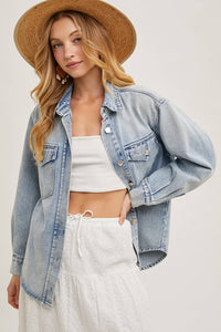 The Camille Washed Denim Shirt Jacket: Light Wash – Relaxed Button Down Shacket