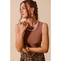 Avery Contrast Embroidered Ribbed Tank: Caramel