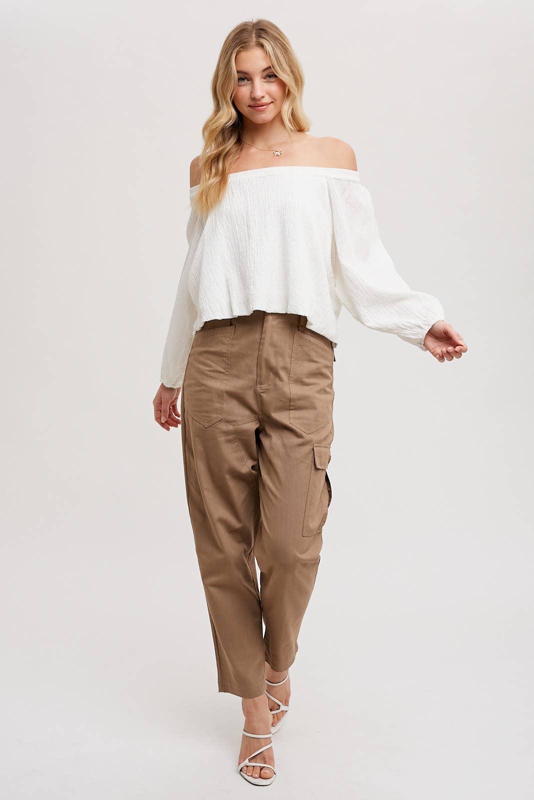 Mikey Linen Off the Shoulder Balloo Hem Top: Ivory