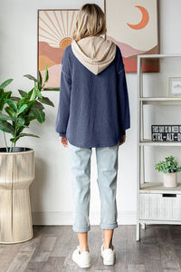 Elena Ribbed Button Front Hoodie – Colorblock Knit Pullover with Bishop Sleeves