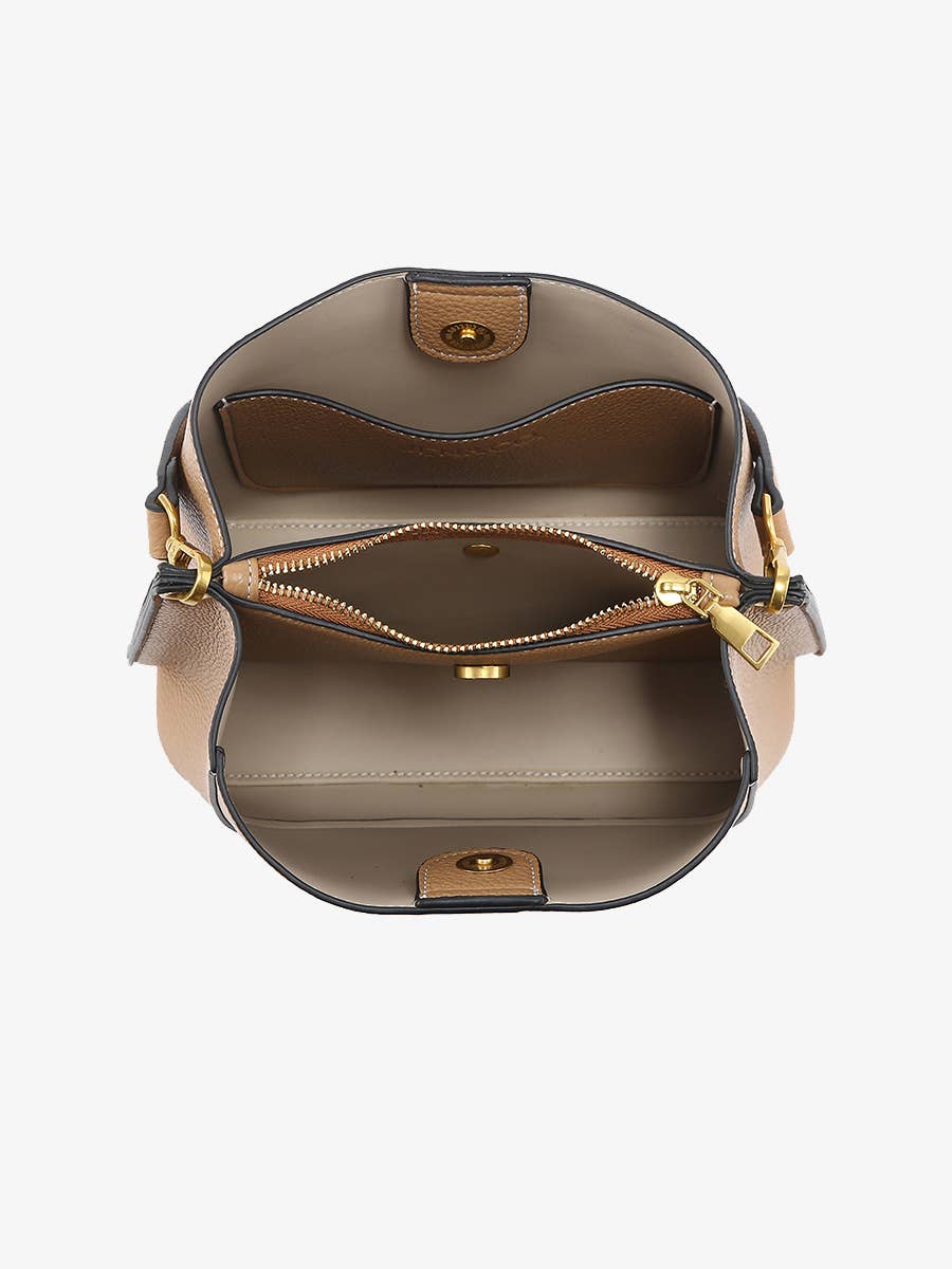 Jen & Co. Corinna Bucket Bag with 2 Toned Guitar Strap: Tan – 3 Compartment Vegan Leather Purse