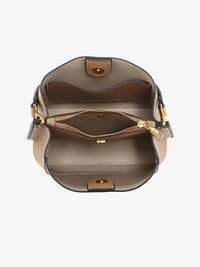 Jen & Co. Corinna Bucket Bag with 2 Toned Guitar Strap: Tan – 3 Compartment Vegan Leather Purse