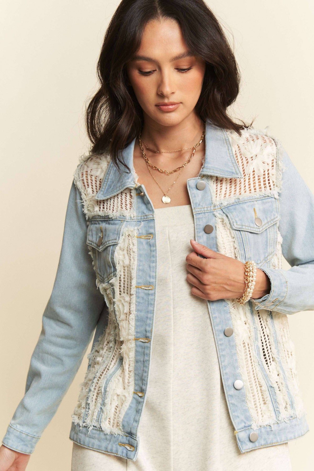 The Clara Lace Patch Denim Jacket – Light Wash Button-Up with Boho Details