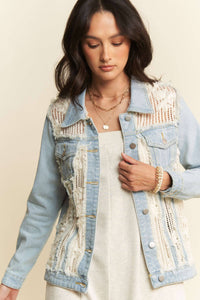 The Clara Lace Patch Denim Jacket – Light Wash Button-Up with Boho Details
