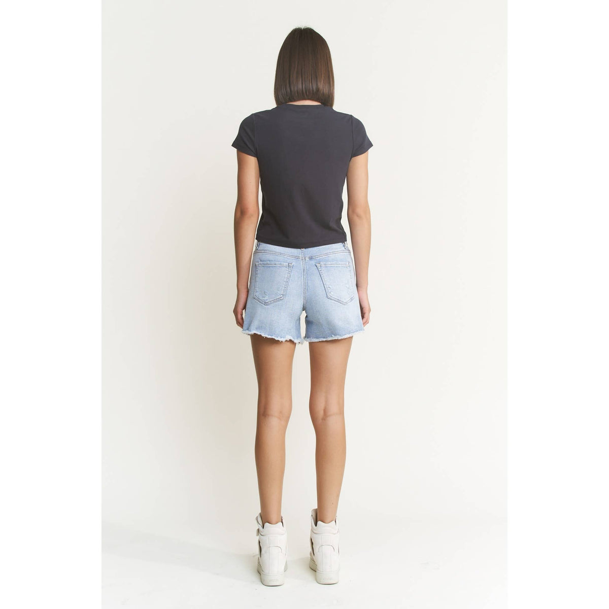 Mica Denim "City Blue" High Rise Denim Shorts: Light Wash- Frayed Hem | Comfort Stretch