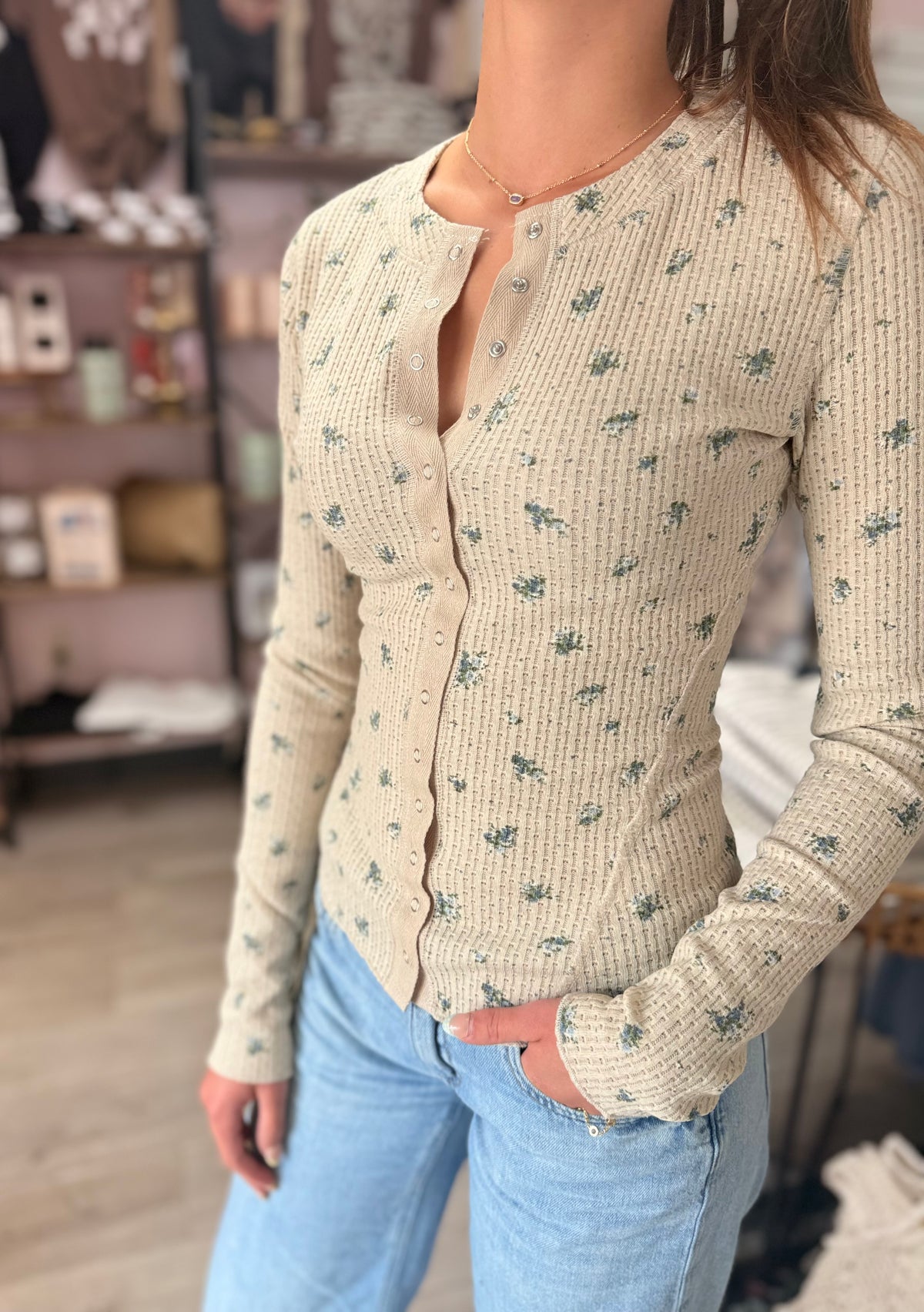 Floral Waffle Snap Henley Top