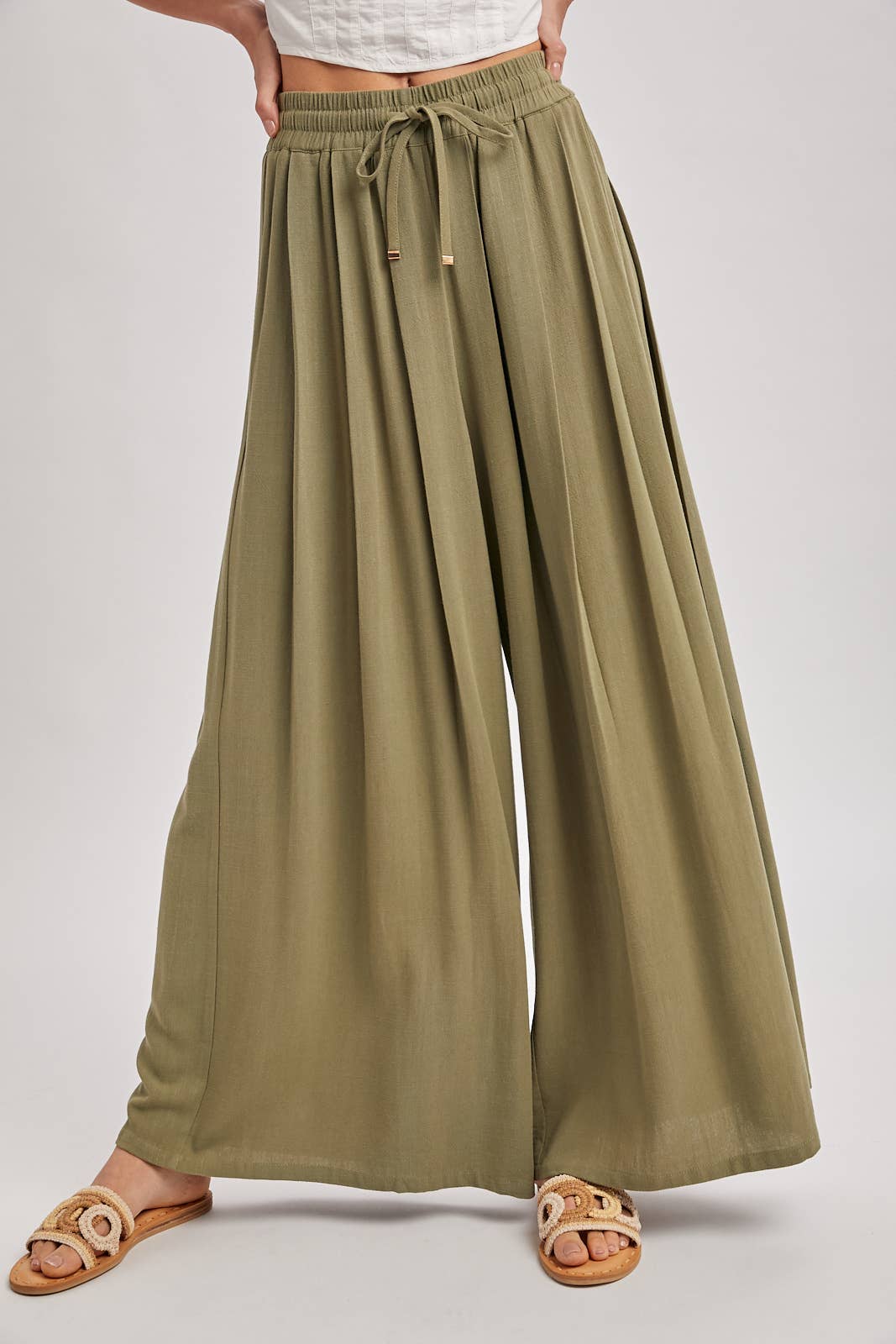 The Everly Flowing Wide Leg Pants: Lt Olive – High Waist Drawstring Palazzo