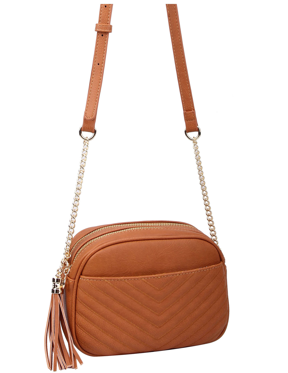 Veronica V-Stitch Tassel Crossbody Bag – Coffee & Stone | Faux Leather Small Purse with Double Zipper Top, Adjustable Strap, Gold Hardware