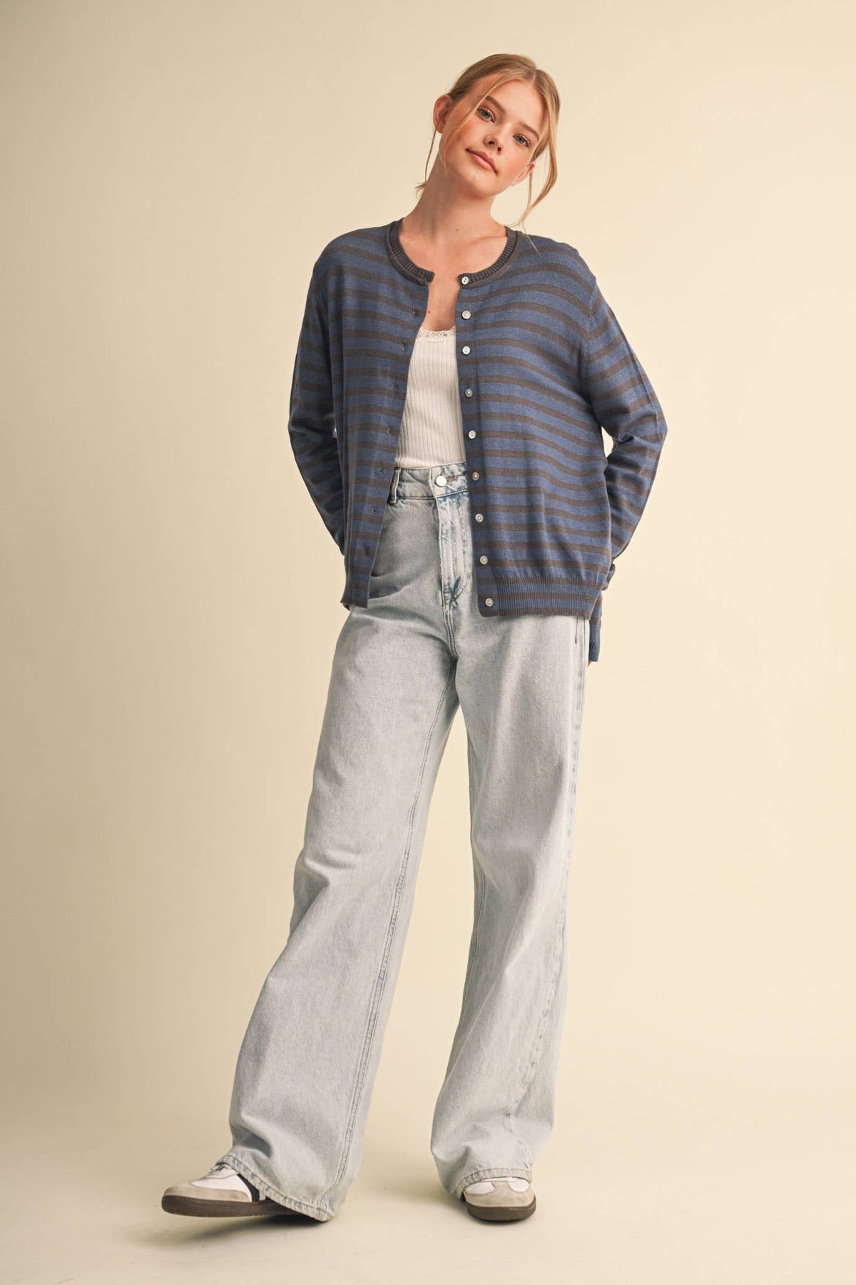 Just Between Us Stripe Cardigan: Denim/Charcoal